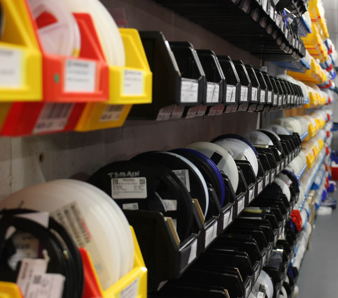 A close up of the stock system of tubs with components such a reels stored