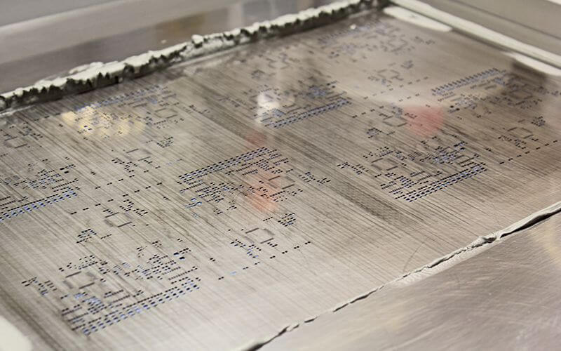 printed circuit board stencils set in place for solder paste application