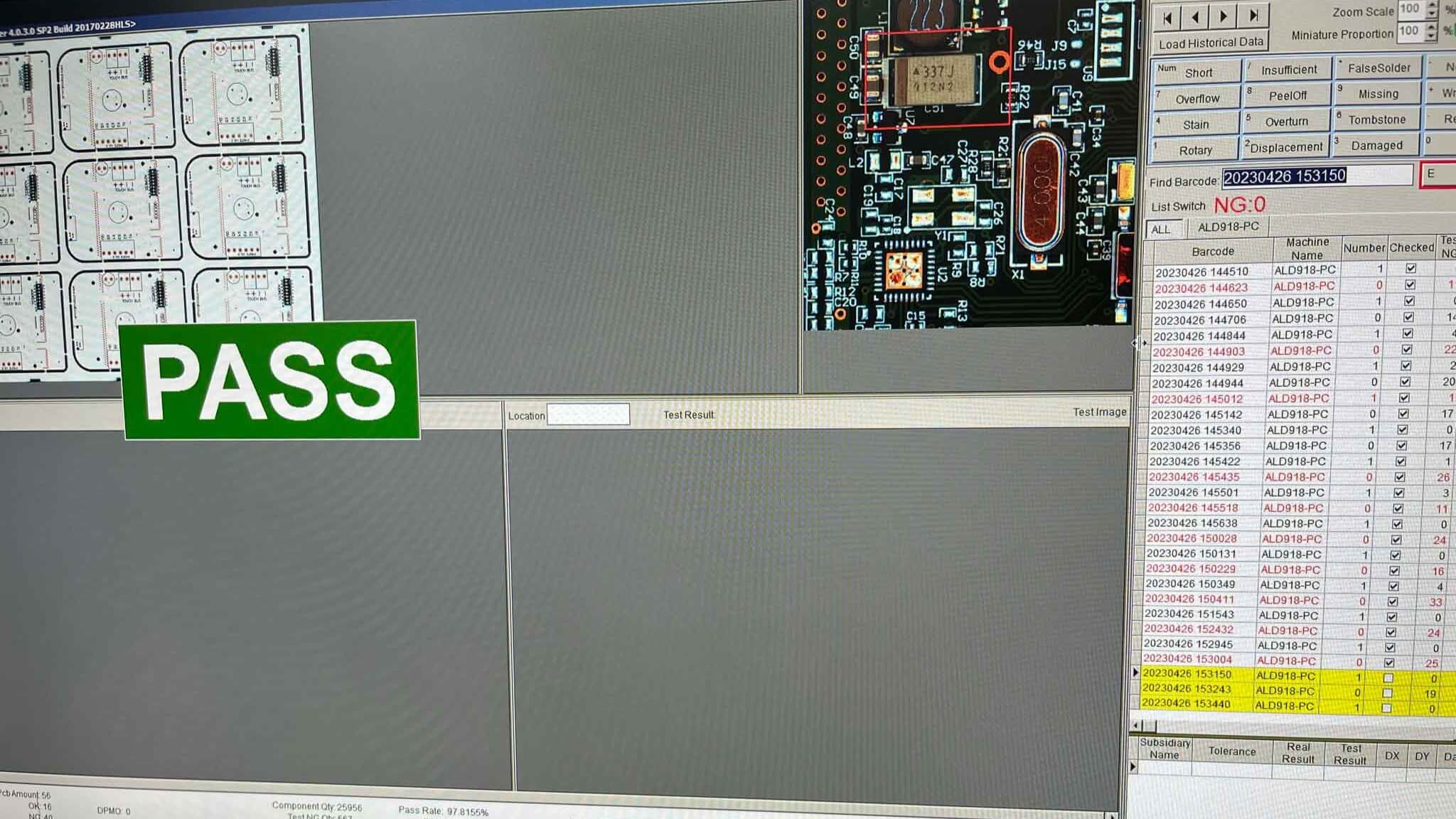 Pass grade from board testing displayed on a computer monitor